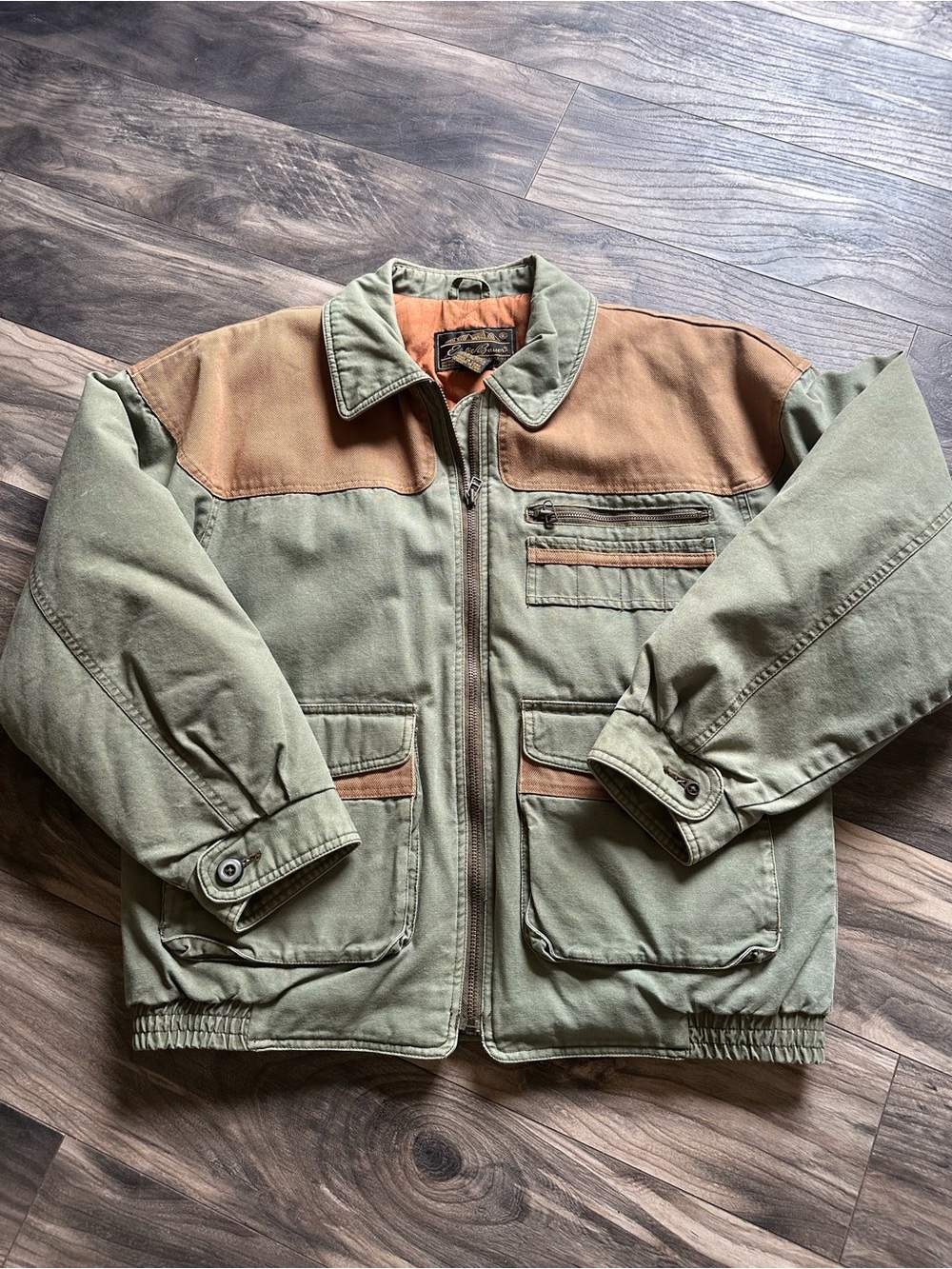 Eddie Bauer Olive Green Jacket with Rust Inner Lining Vintage Hunting Outdoor